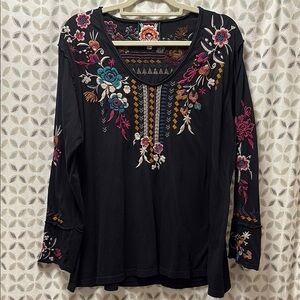Johnny Was Black Top with Floral Embroidery size XL